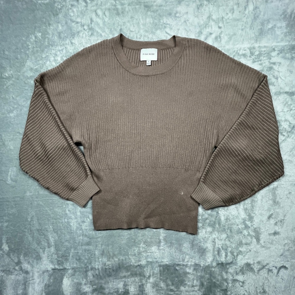 Pink Rose Ribbed Dolman Sweater Women Medium Taupe Brown Crew Neck Pullover